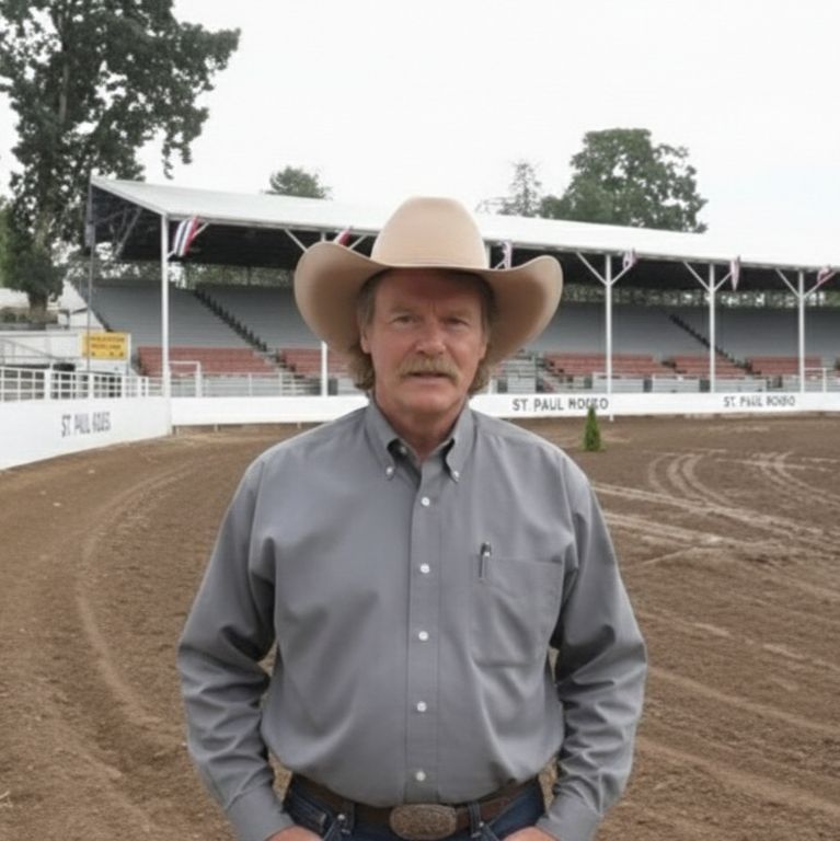 Mike Corey with a cowboy hat and gray button up shirt standing in the St Paul Rodeo Arena
